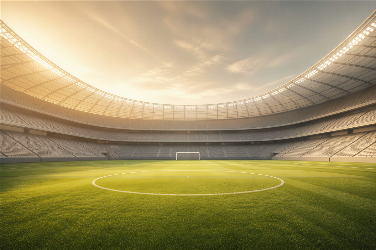 Fototapeta stadion piłkarski z zieloną murawą w świetle zachodzącego słońca