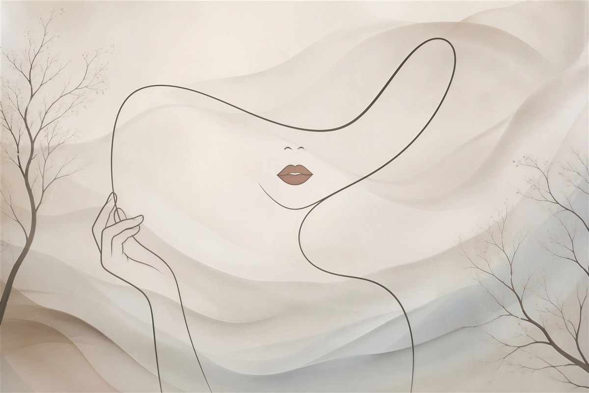 Fototapeta minimalistyczna kobieta line art w beżowych falach
