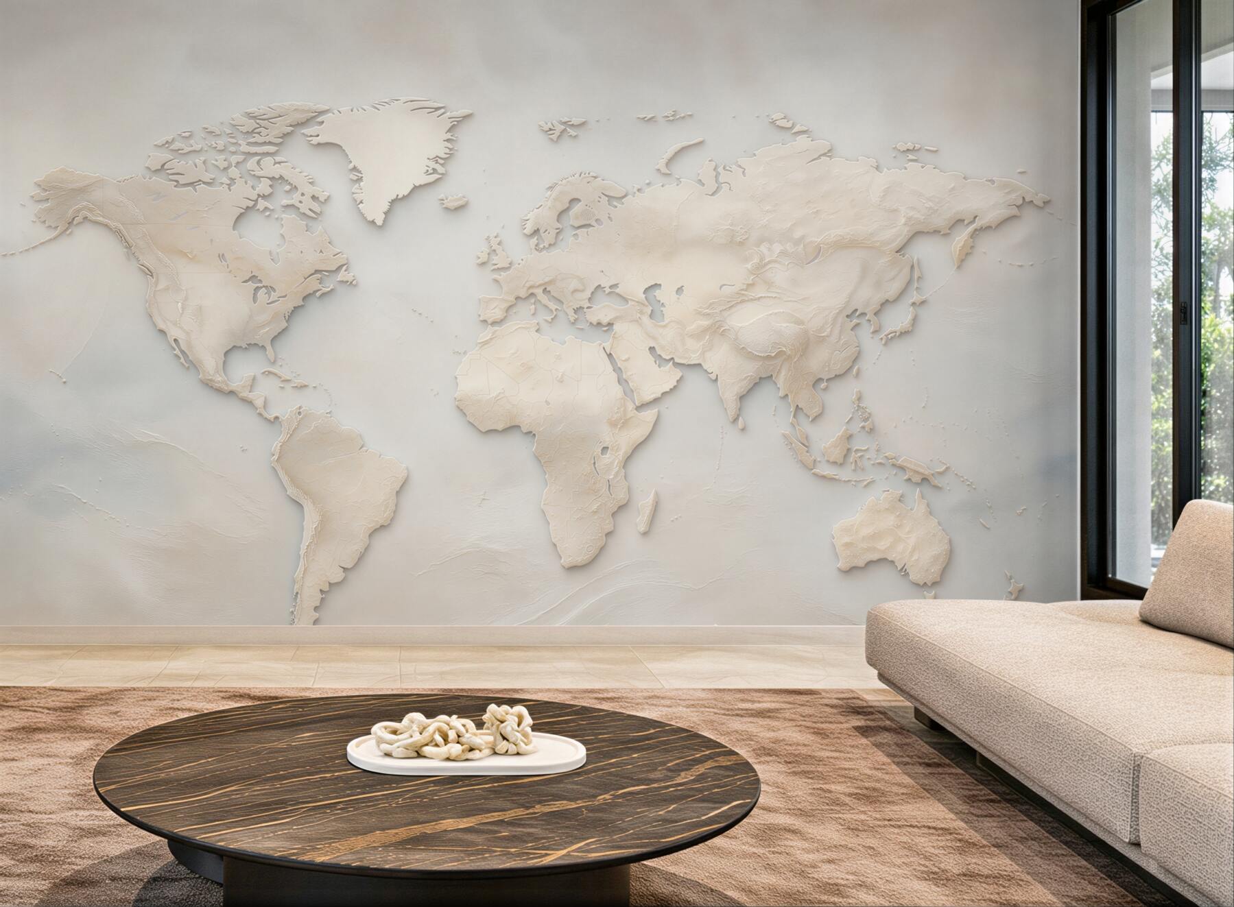 Fototapeta mapa świata beżowa 3D elegancka do biura i salonu