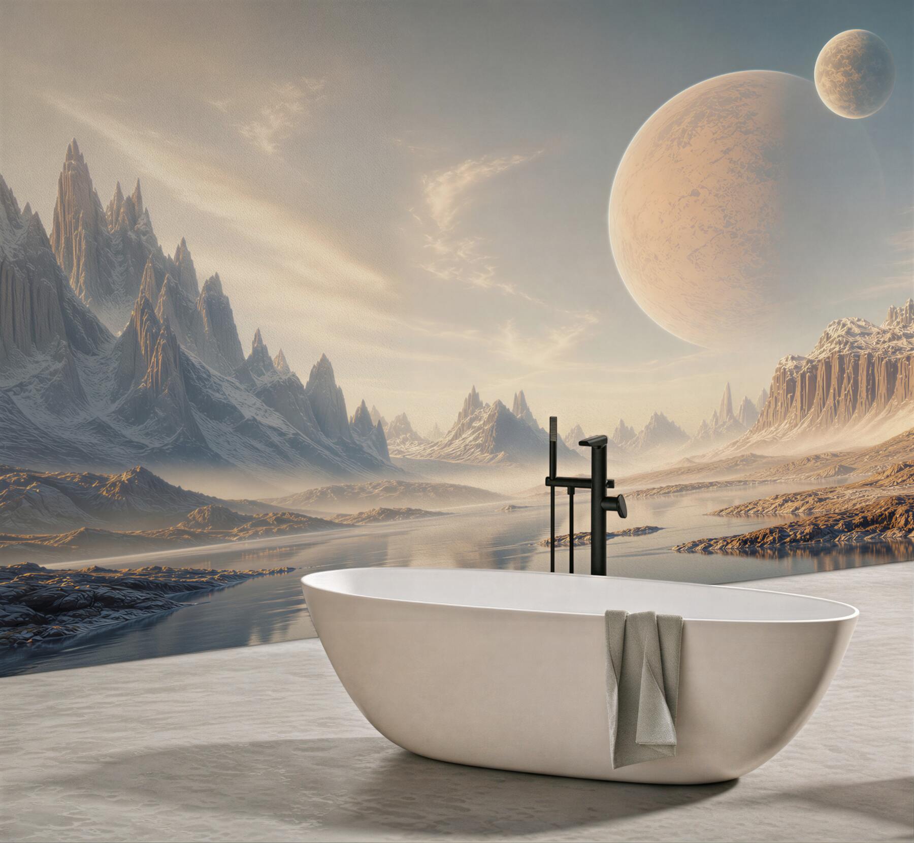 Fototapeta fantastyczny krajobraz z planetami i lodowymi górami