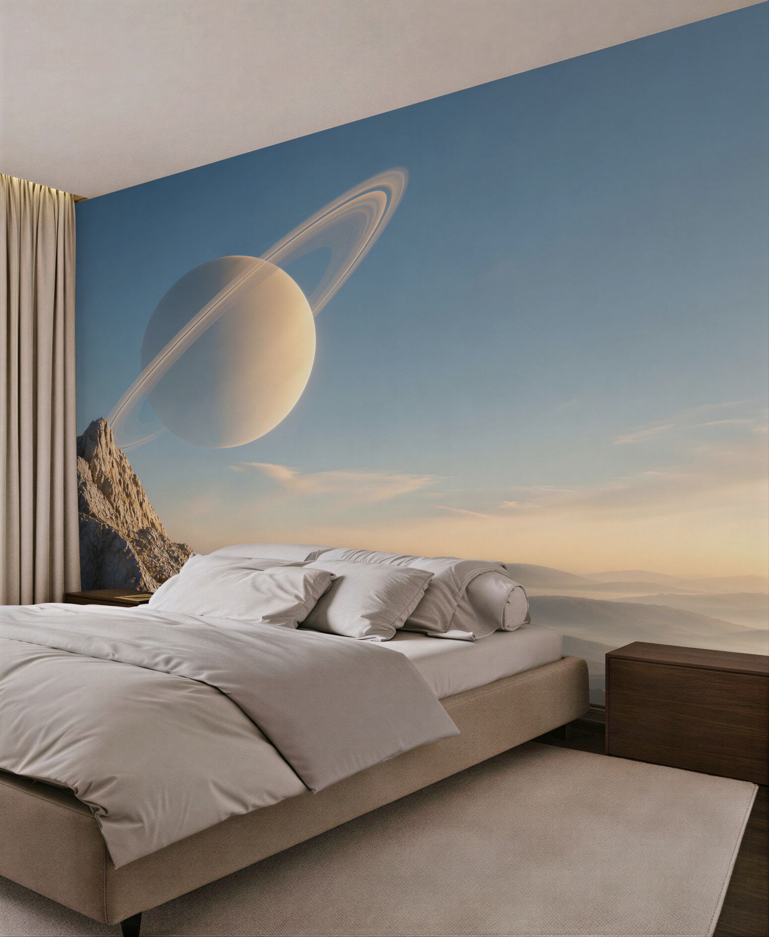 Fototapeta planeta z pierścieniami nad górskim krajobrazem fantasy