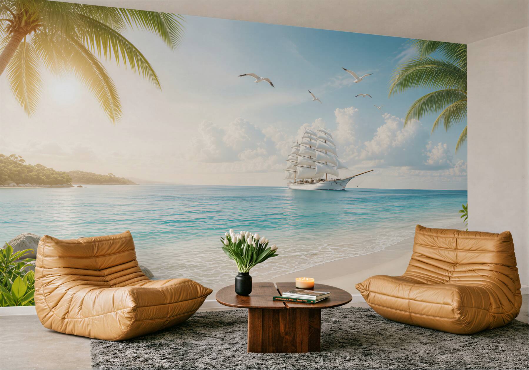 Fototapeta żaglowiec na tropikalnym morzu z palmami i plażą