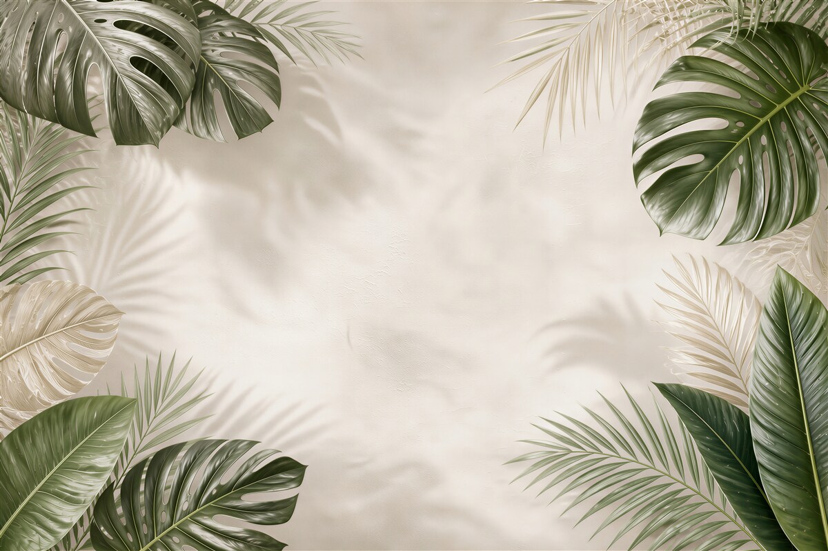 Fototapeta liście tropikalne monstera i palma na jasnym tle beżowo zielona