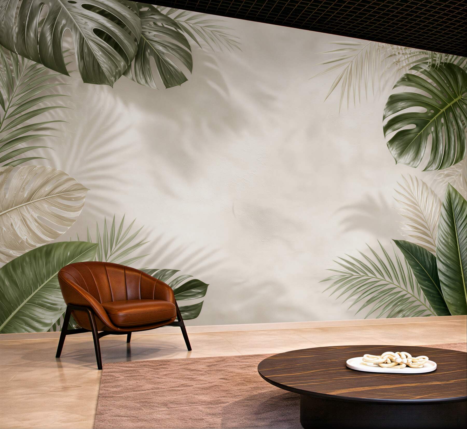 Fototapeta liście tropikalne monstera i palma na jasnym tle beżowo zielona