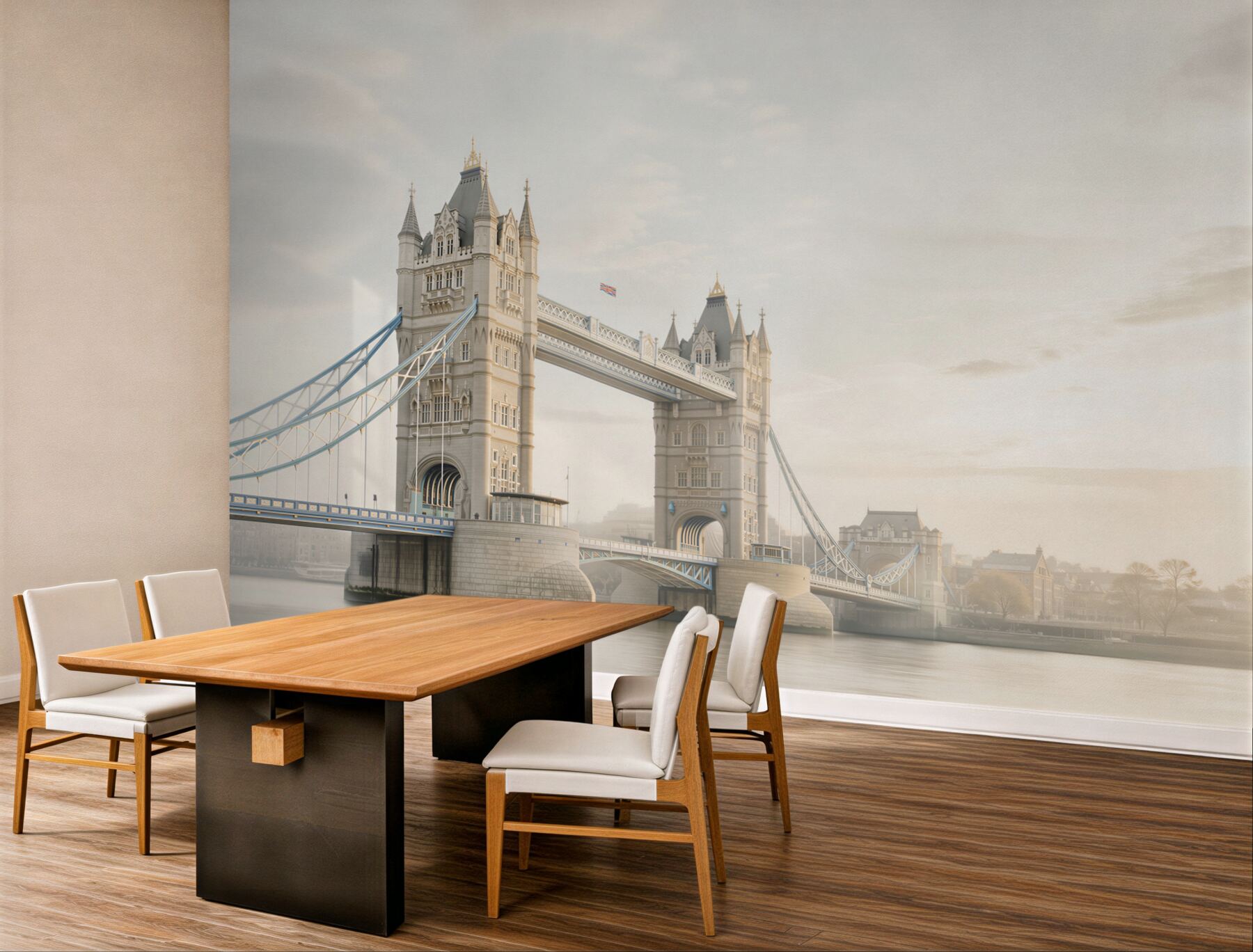 Fototapeta Tower Bridge w Londynie we mgle pastelowy pejzaż miejski