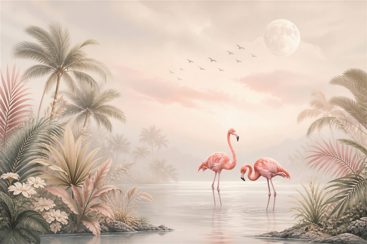 Fototapeta flamingi różowe nad wodą w tropikalnym krajobrazie