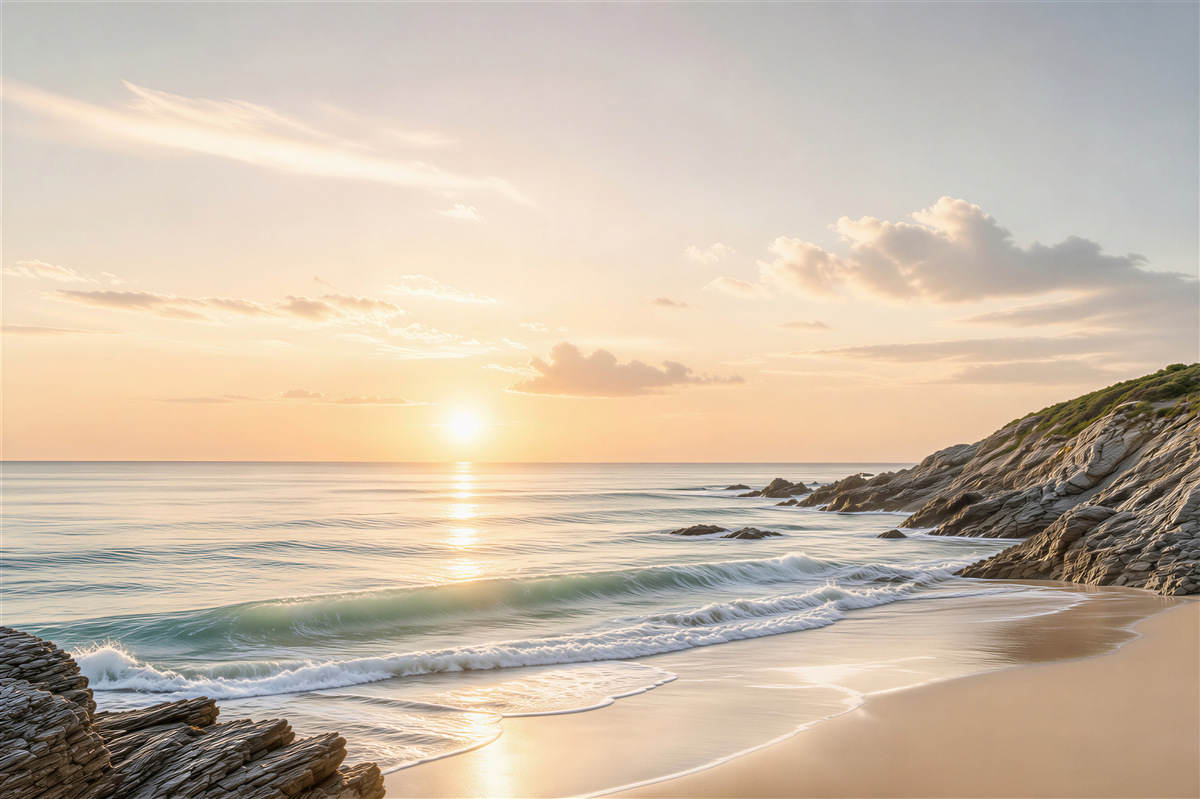 Fototapeta spokojna plaża o wschodzie słońca z falami i skałami