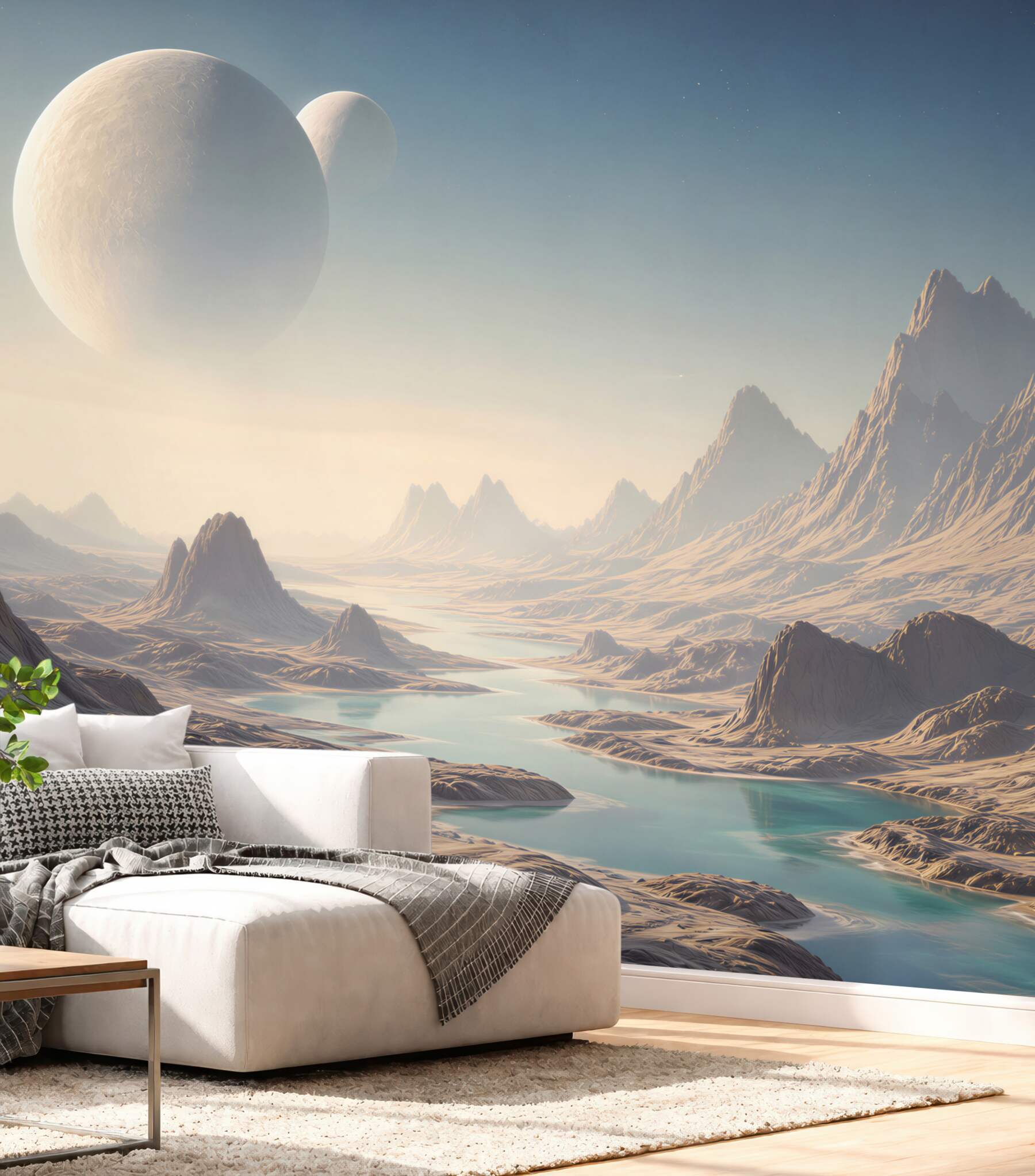 Fototapeta kosmiczny krajobraz z planetami i błękitnym jeziorem