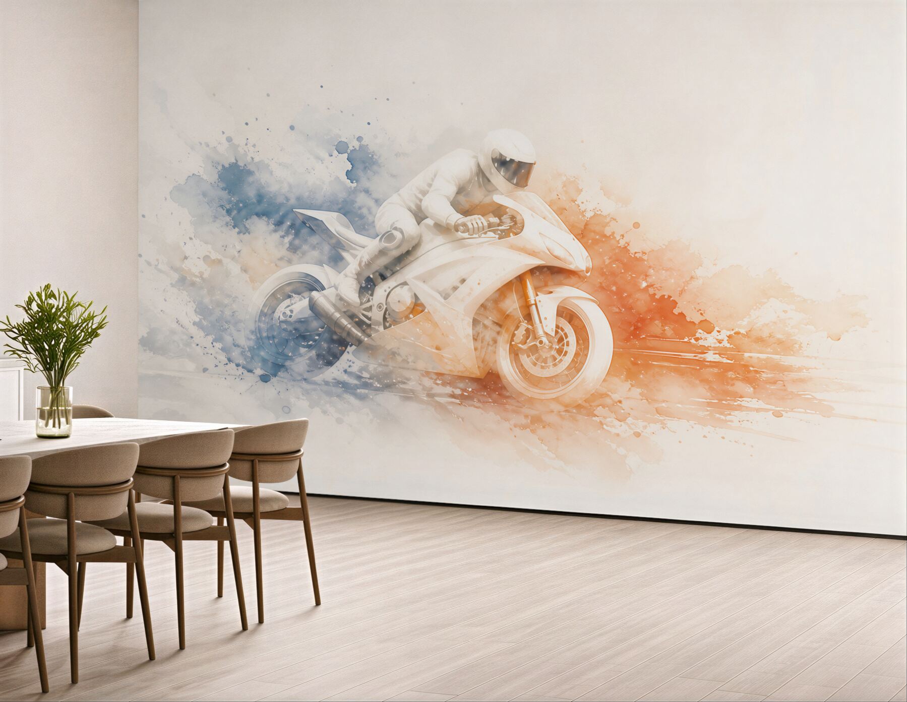 Fototapeta motocykl sportowy akwarela niebiesko pomarańczowa dynamiczna