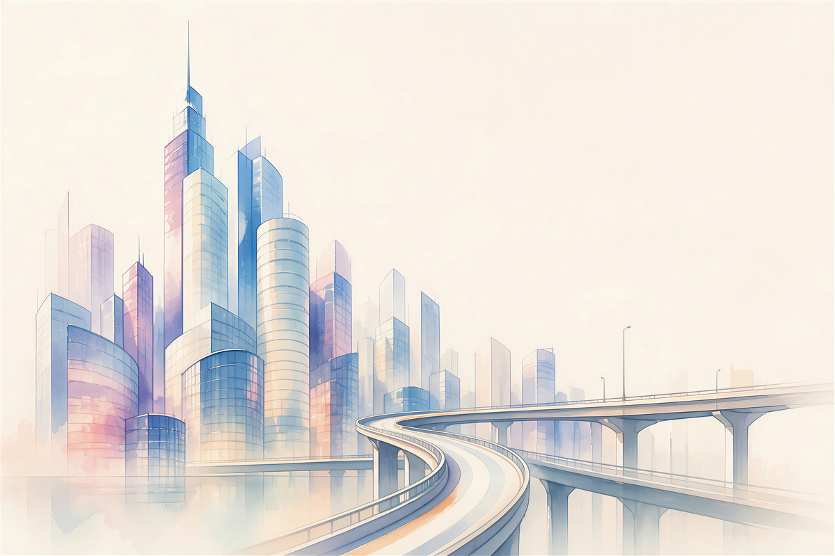 Fototapeta futurystyczne miasto z estakadą pastelowa panorama nowoczesna