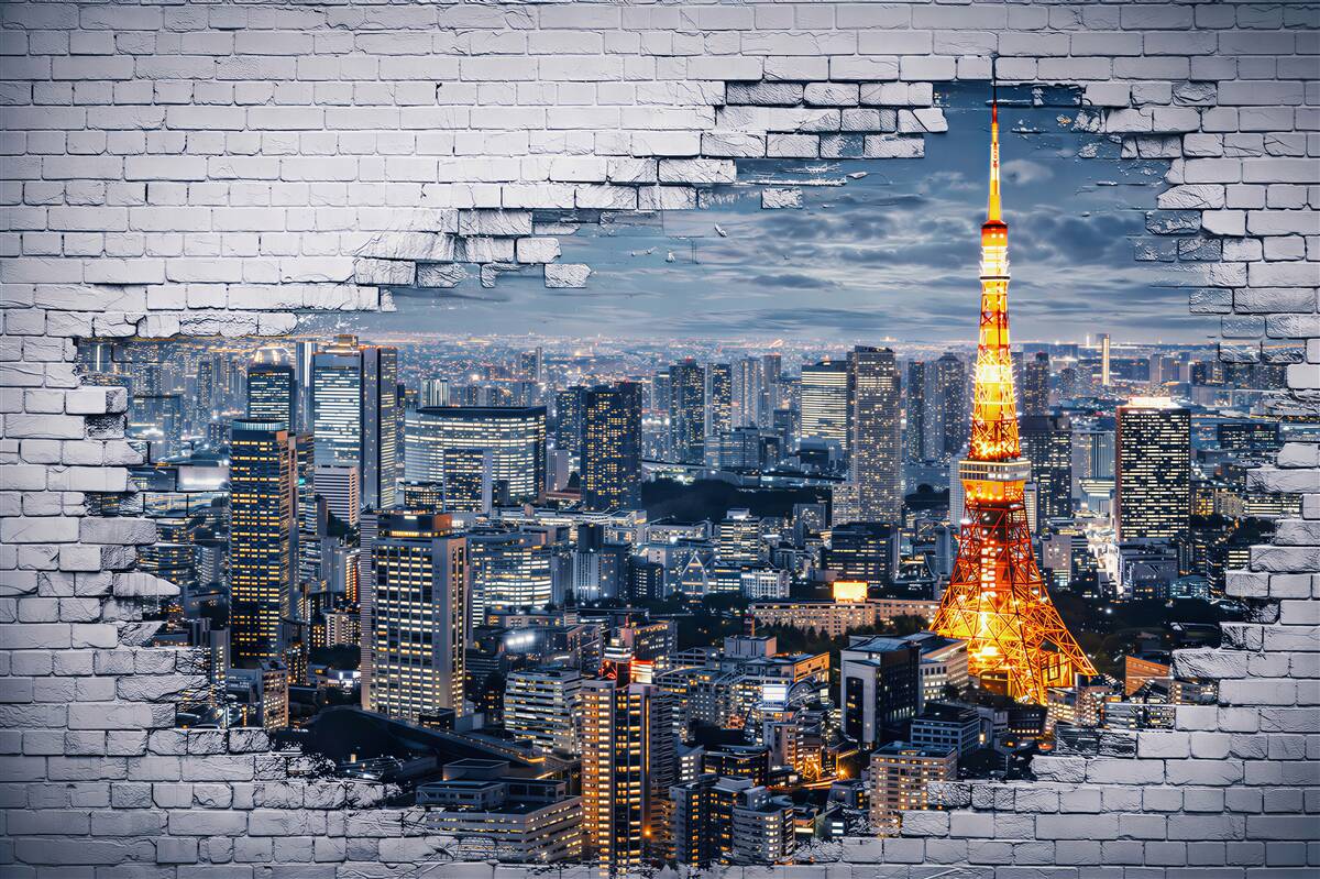Fototapeta panorama Tokio nocą z wieżą i efektem białej cegły