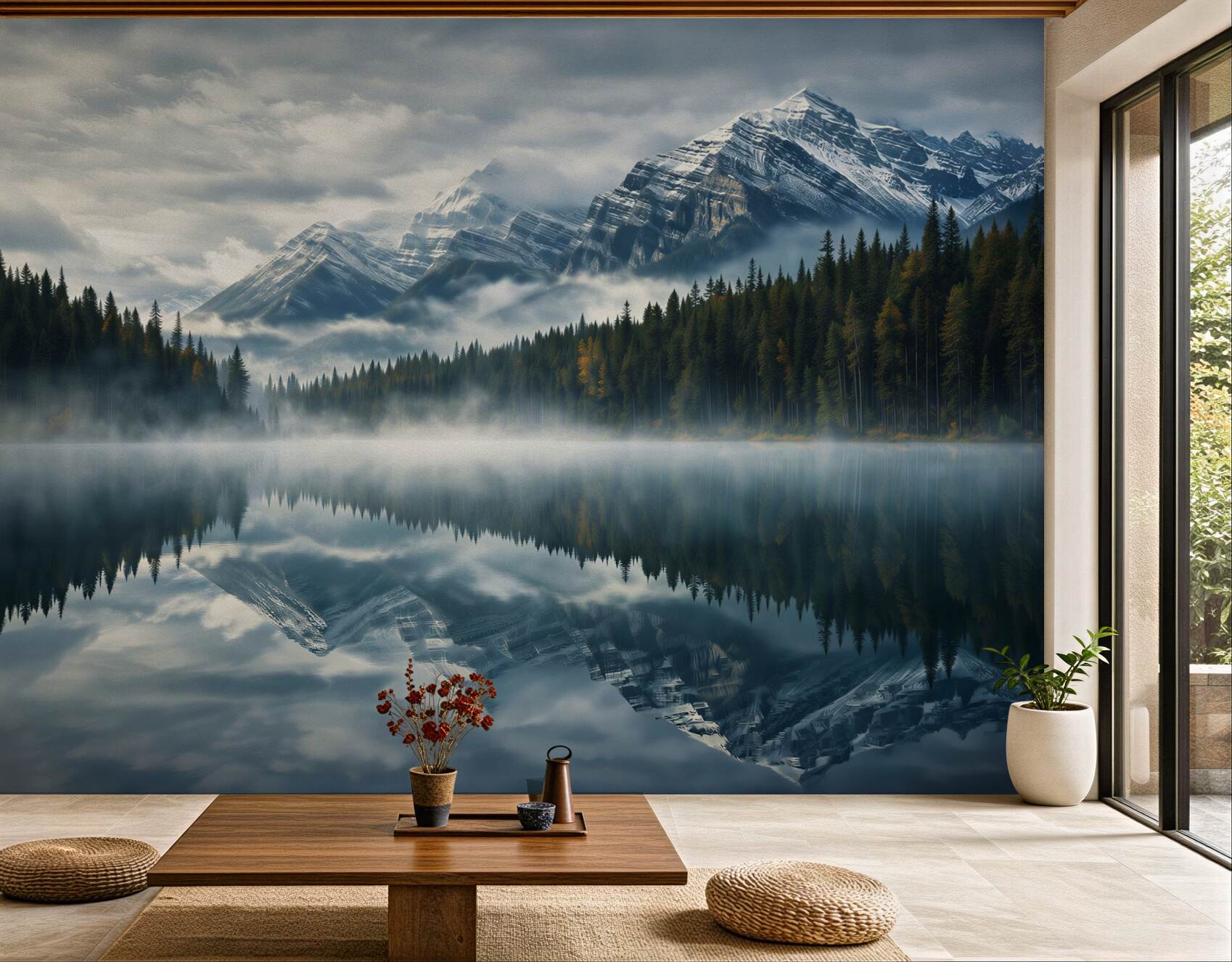 Fototapeta góry nad jeziorem we mgle z odbiciem w wodzie