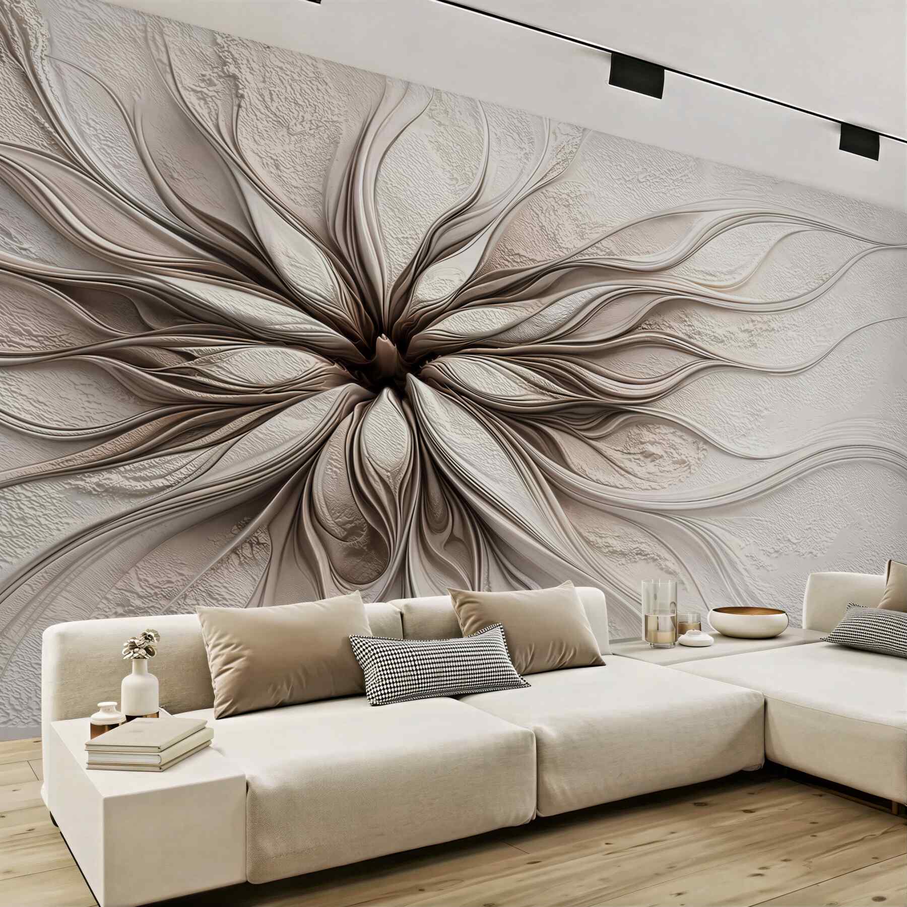Fototapeta abstrakcyjny kwiat 3D beżowy elegancki do nowoczesnego salonu