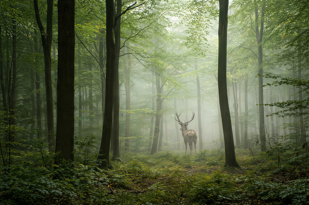 Fototapeta jeleń w zielonym lesie we mgle naturalna