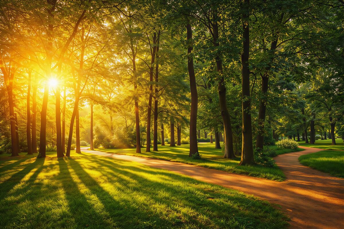 Fototapeta leśna ścieżka w promieniach słońca zielony park