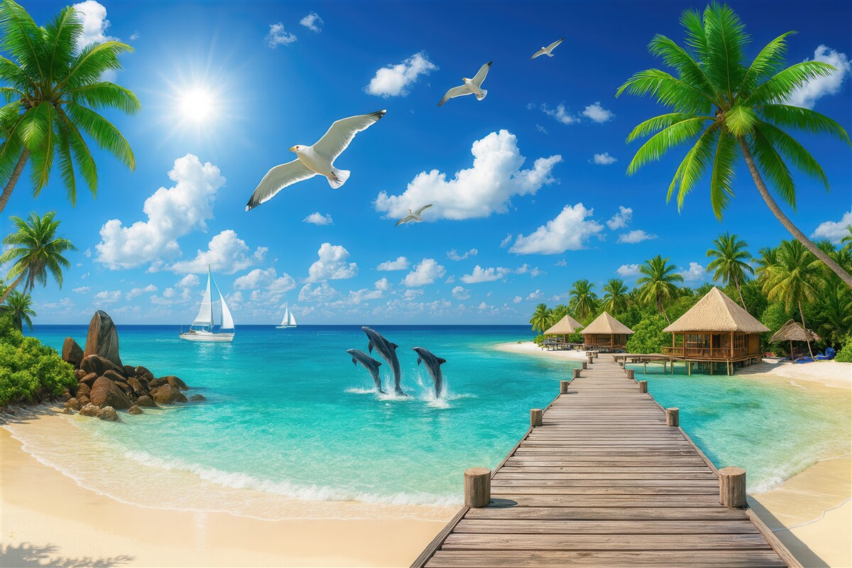 Fototapeta rajska plaża z delfinami i pomostem