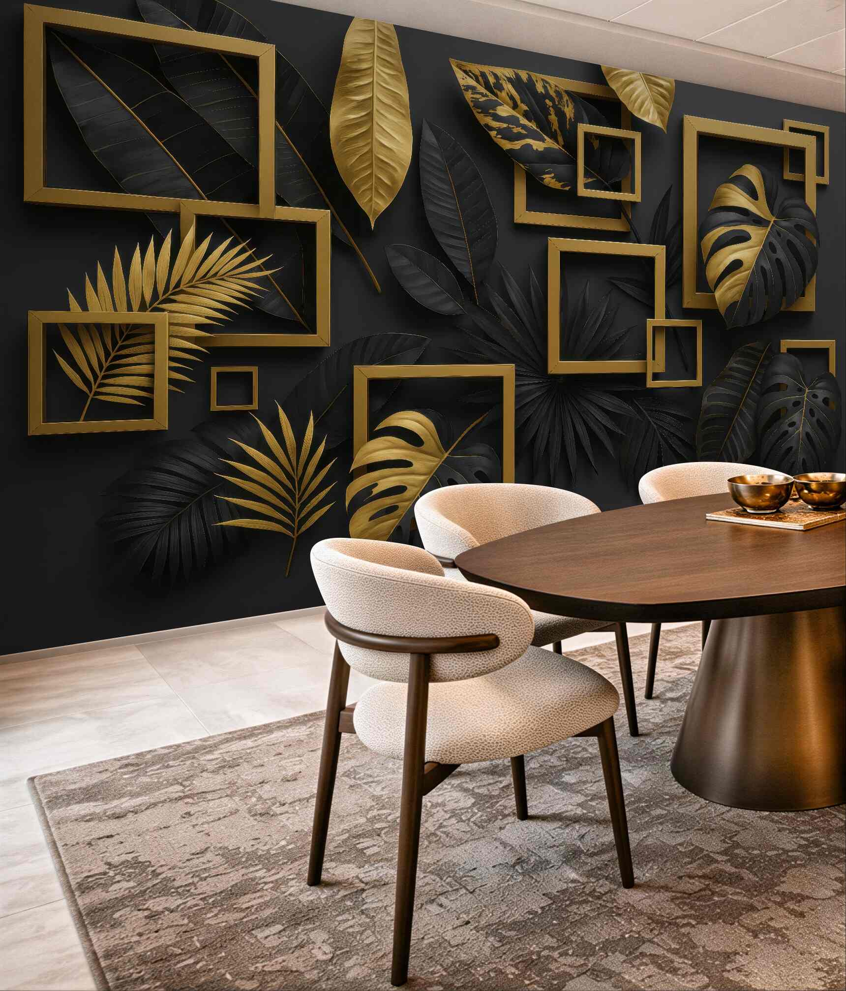 Fototapeta czarno złote liście w geometrycznej elegancji