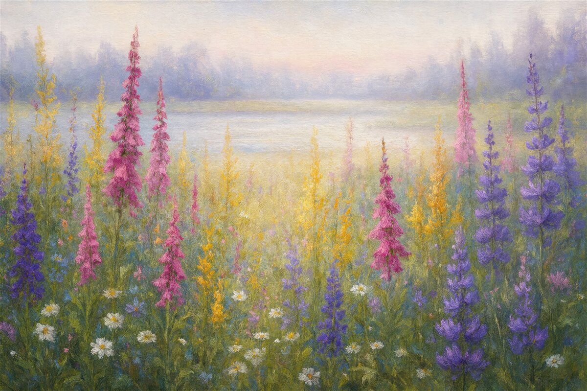 Fototapeta pastelowa łąka nad mglistym jeziorem