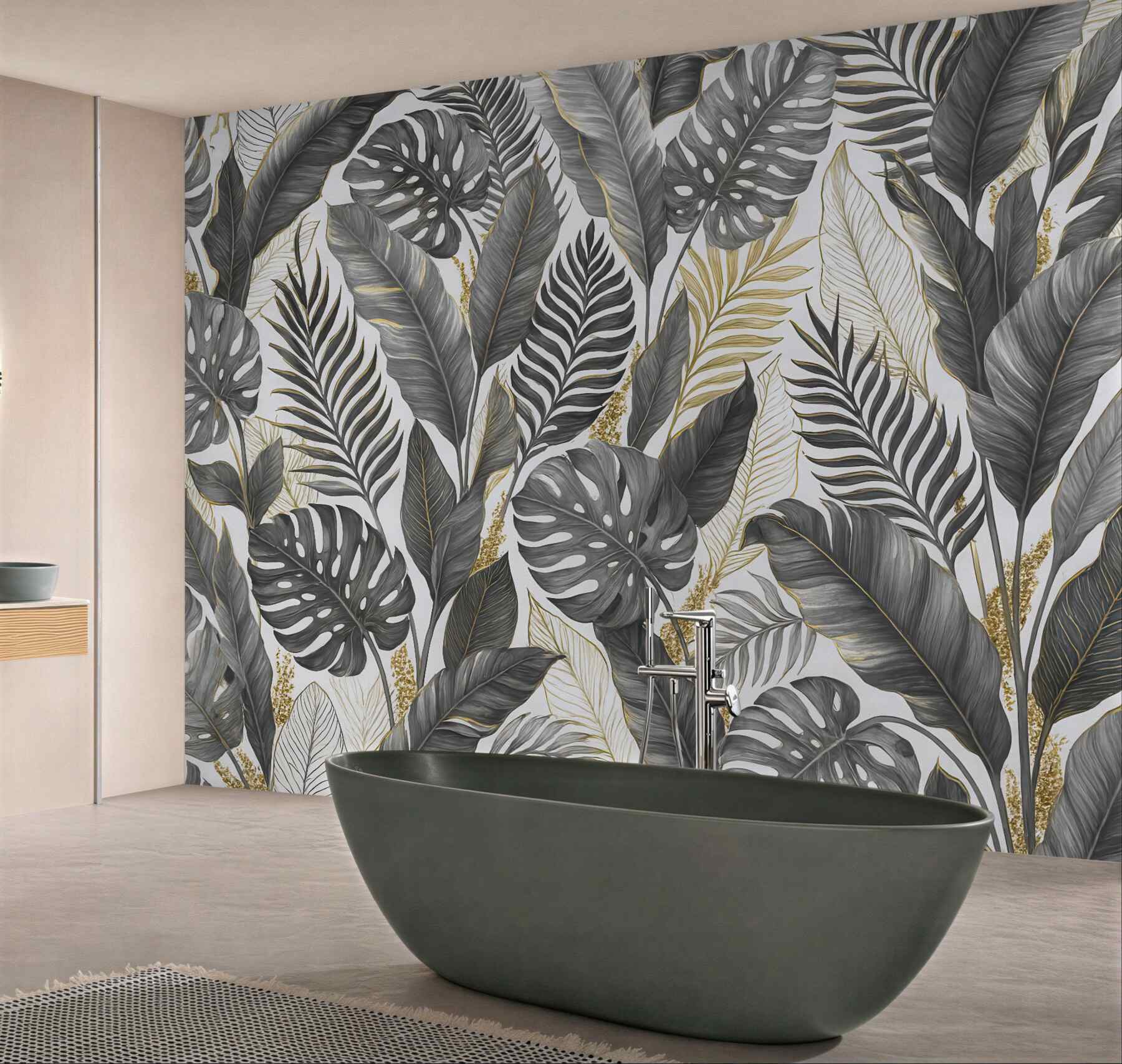 Fototapeta tropikalne liście w szaro-złotej elegancji