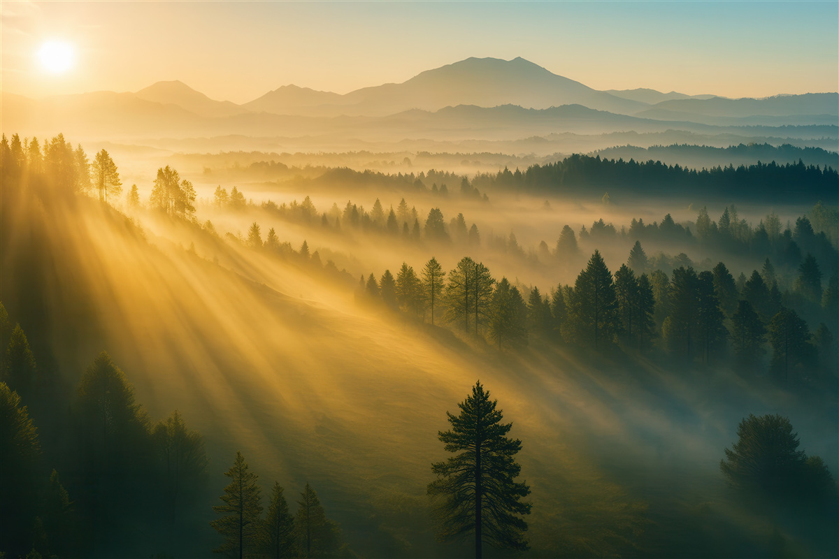 Fototapeta złoty świt nad mglistym lasem
