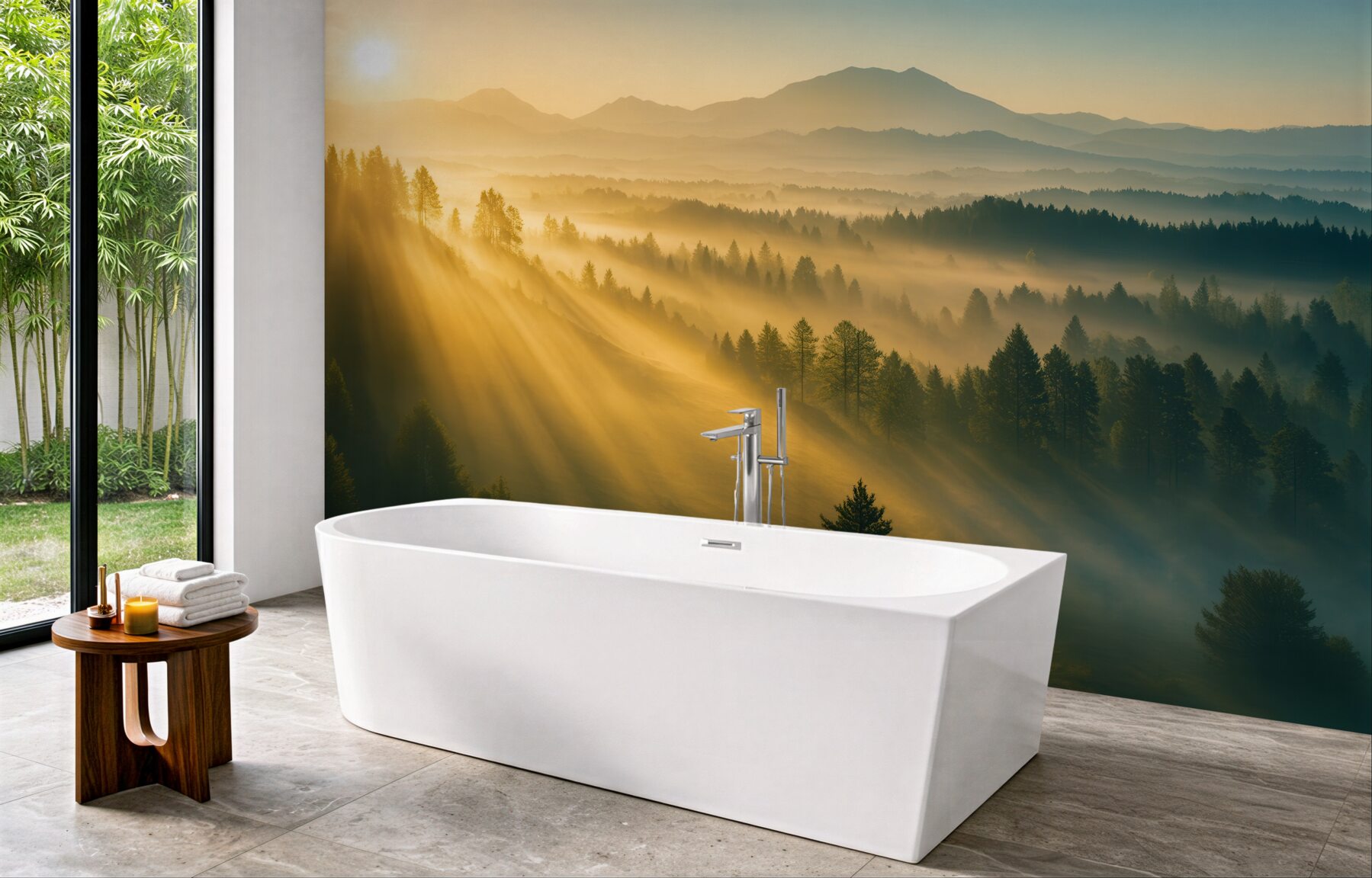 Fototapeta złoty świt nad mglistym lasem