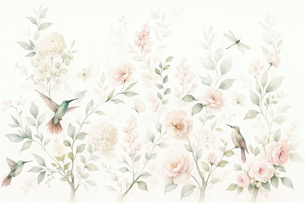 Fototapeta pastelowy ogród z kolibrami