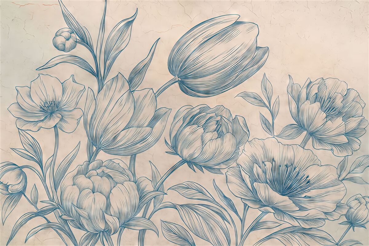 Fototapeta błękitny szkic kwiatów na beżowym tle