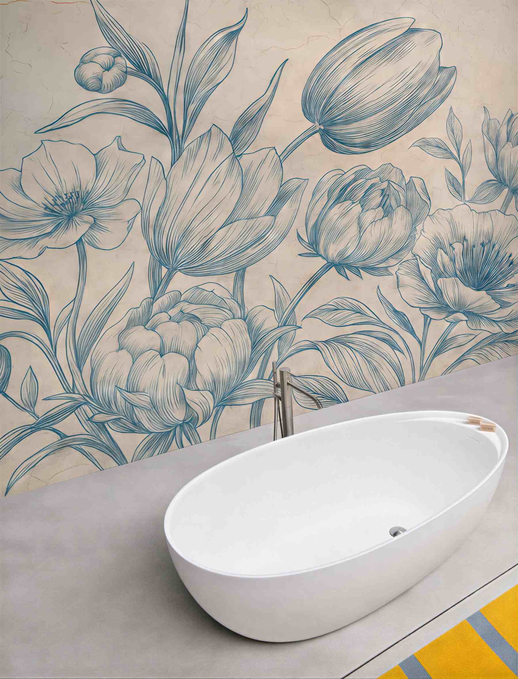 Fototapeta błękitny szkic kwiatów na beżowym tle