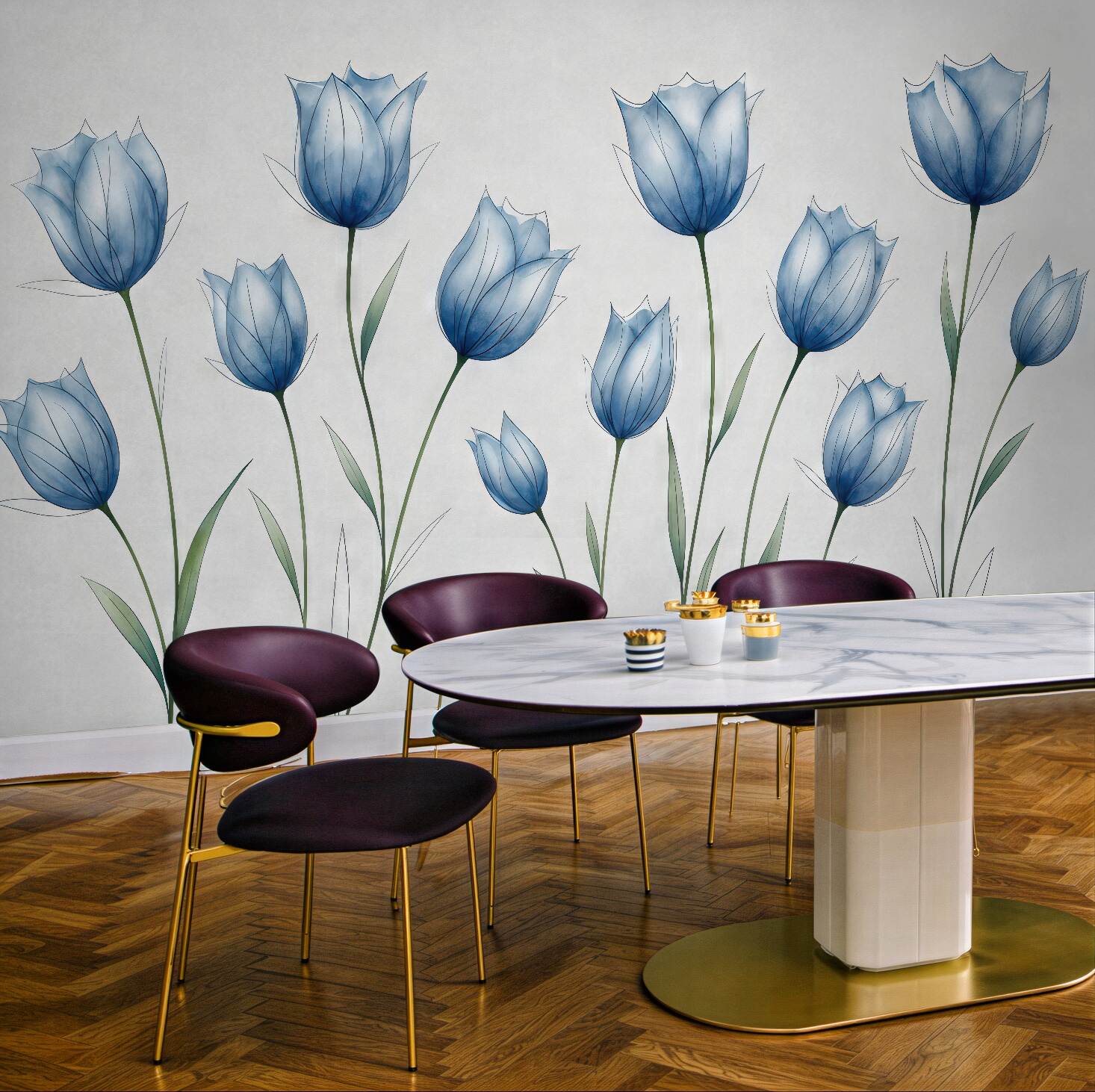 Fototapeta niebieskie tulipany w lekkiej akwareli