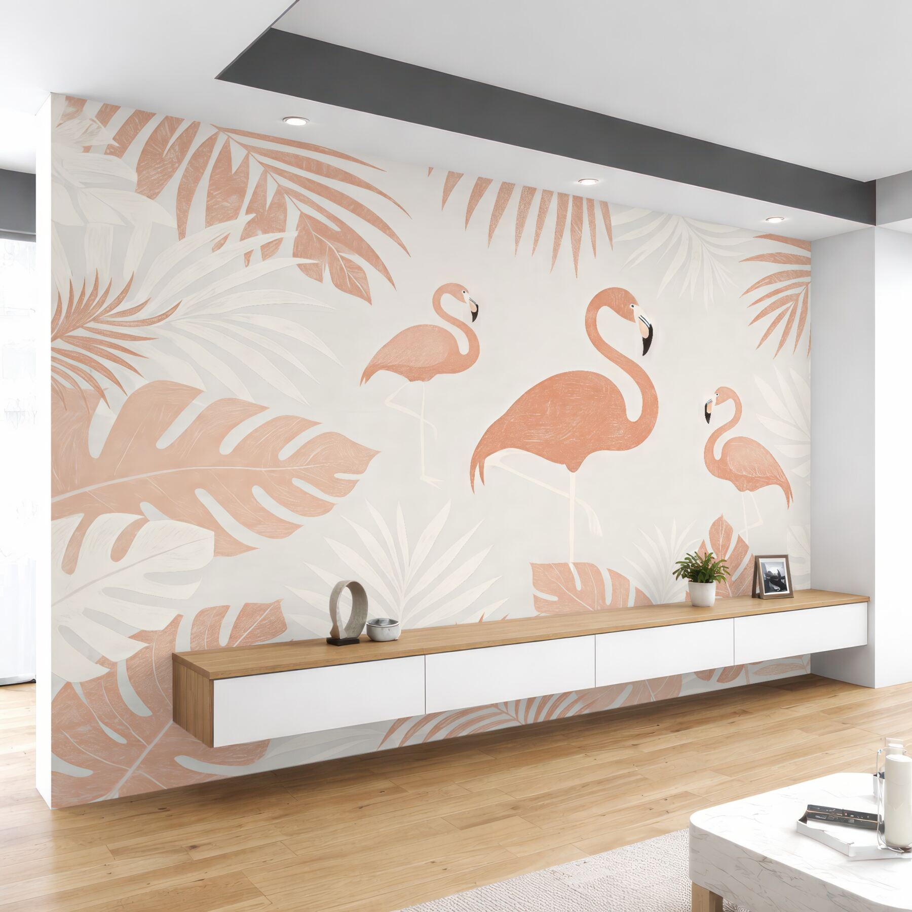Fototapeta pudrowe flamingi w tropikalnych liściach