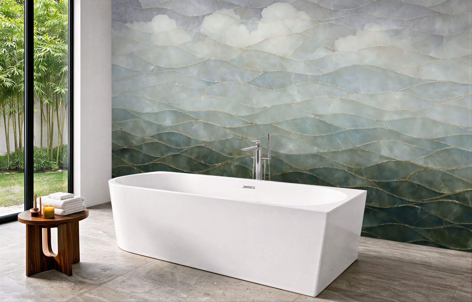 Fototapeta abstrakcyjne złote fale w mglistym błękicie