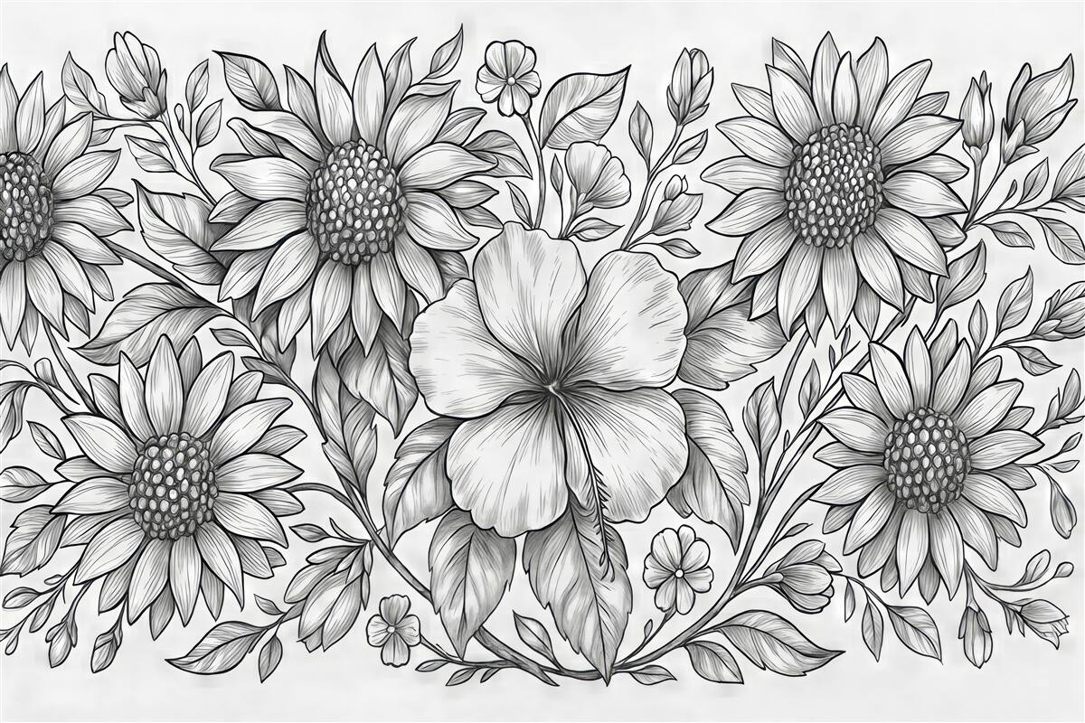 Fototapeta kwiatowy szkic słoneczników i hibiskusa