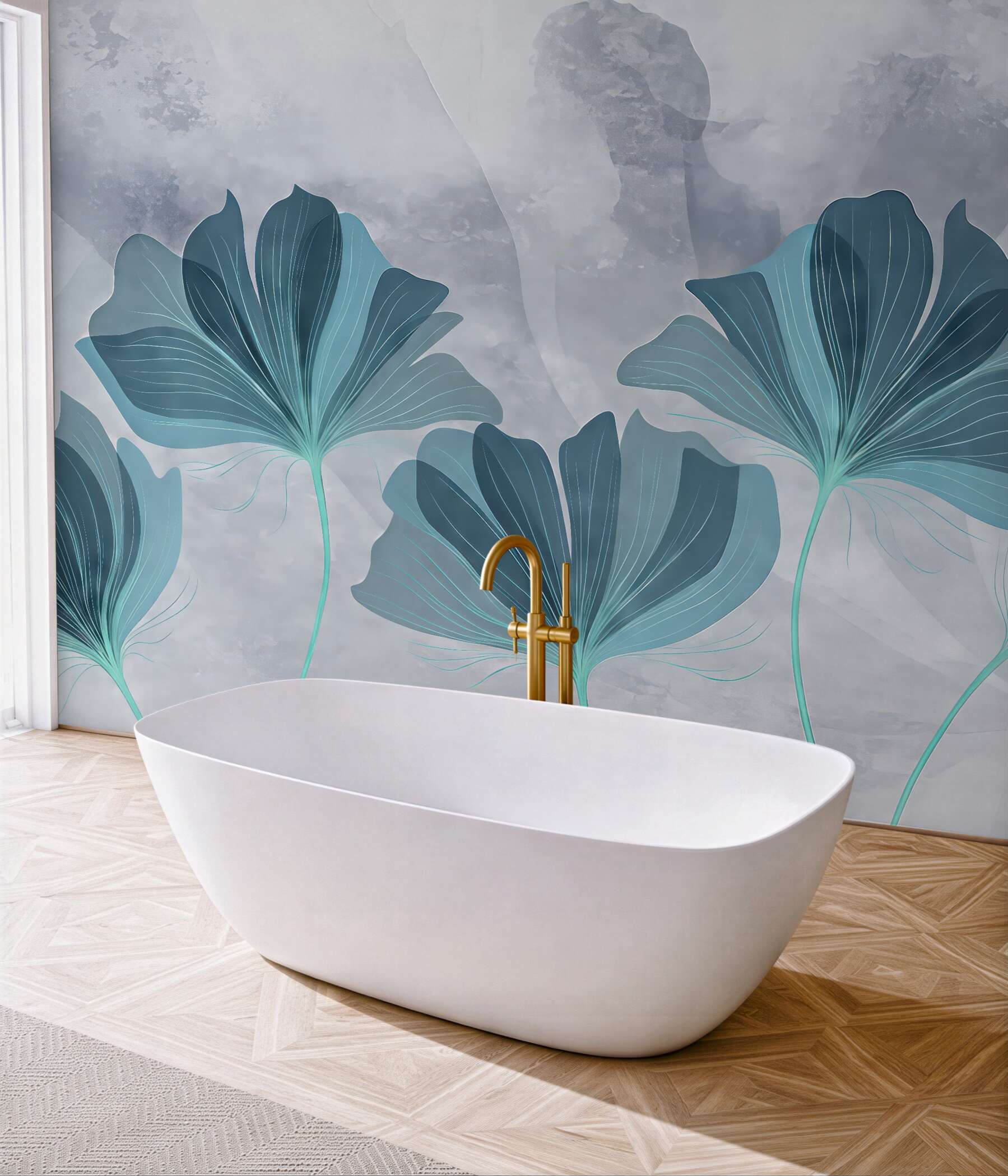 Fototapeta turkusowe liście w mglistej abstrakcji