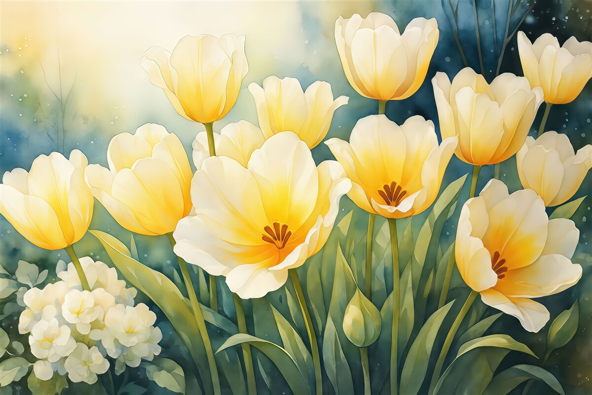 Fototapeta słoneczne tulipany w akwarelowym ogrodzie