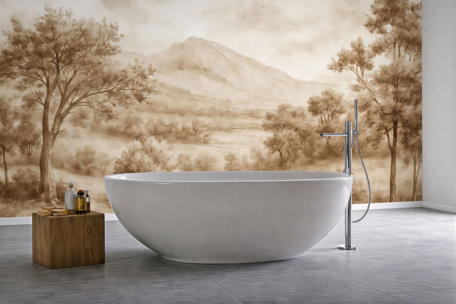 Fototapeta sepiowy pejzaż z górą i drzewami