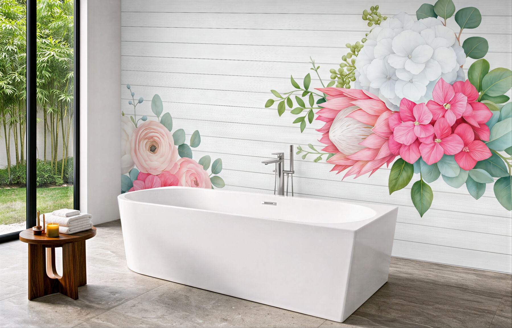 Fototapeta romantyczne kwiaty na bielonych deskach