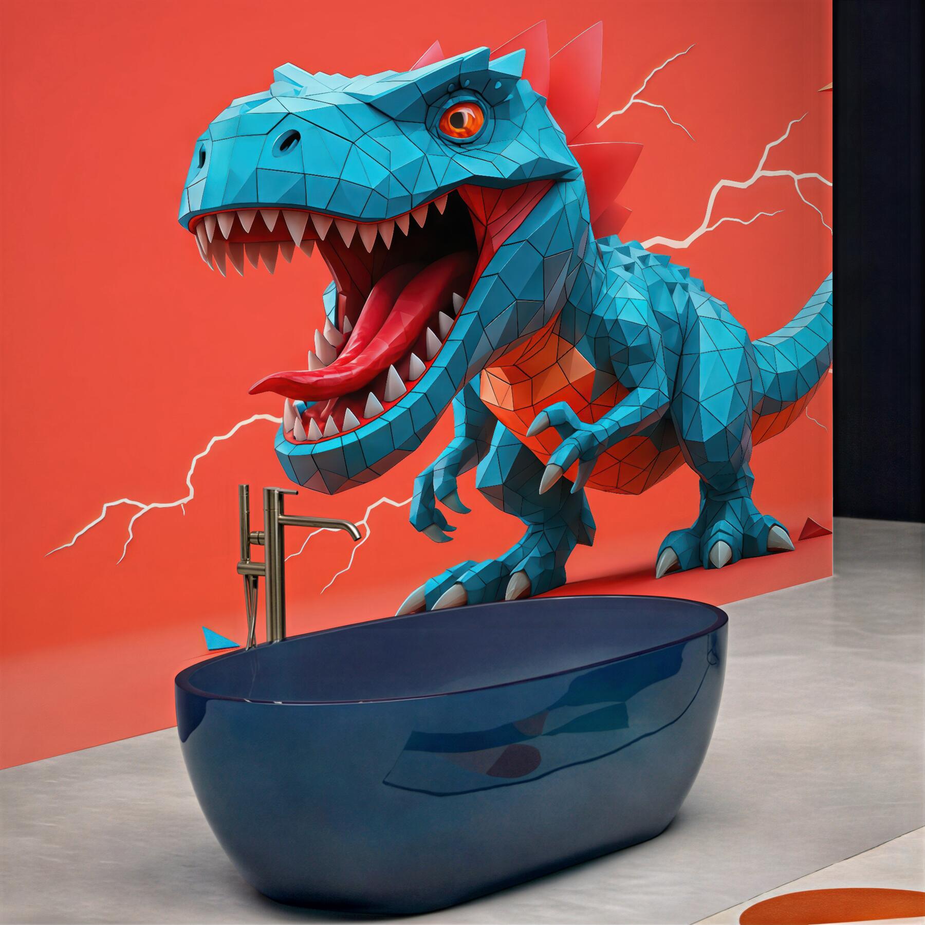 Fototapeta geometryczny turkusowy dinozaur na koralowym tle