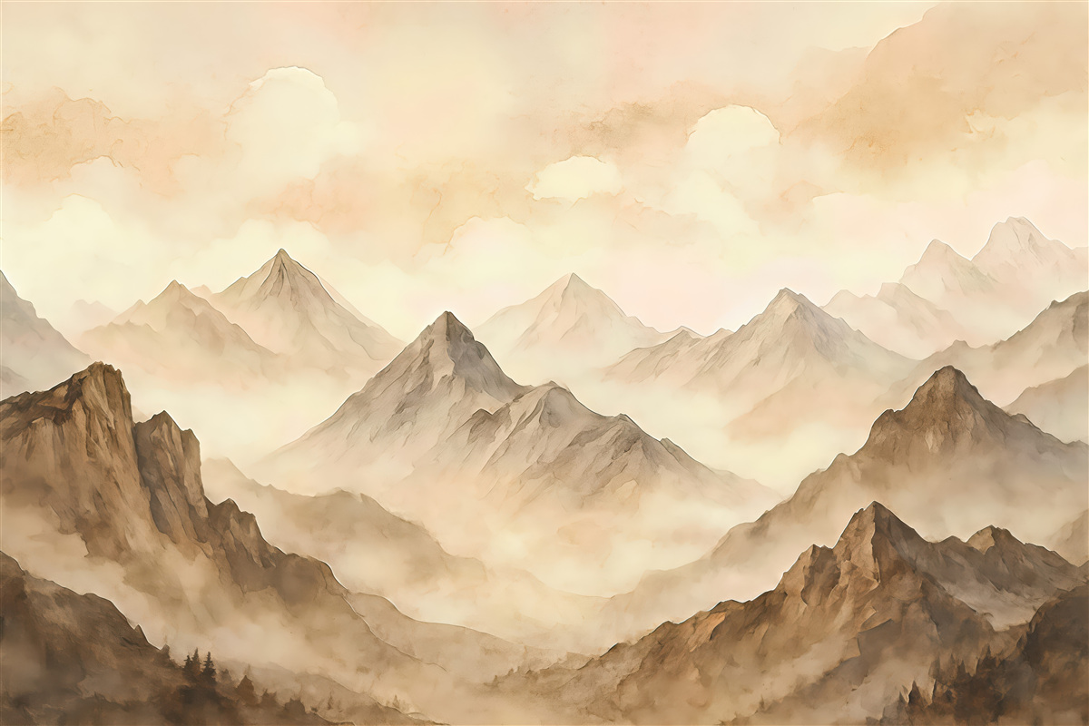 Fototapeta zamglone górskie szczyty w beżach