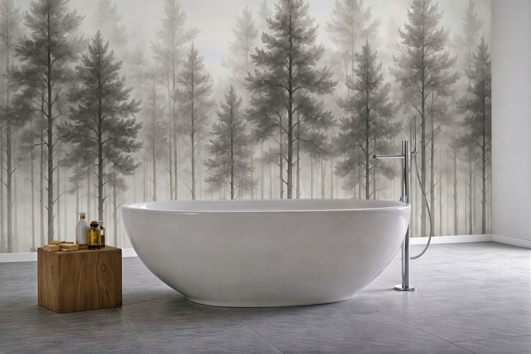 Fototapeta mglisty sosnowy las w sepii