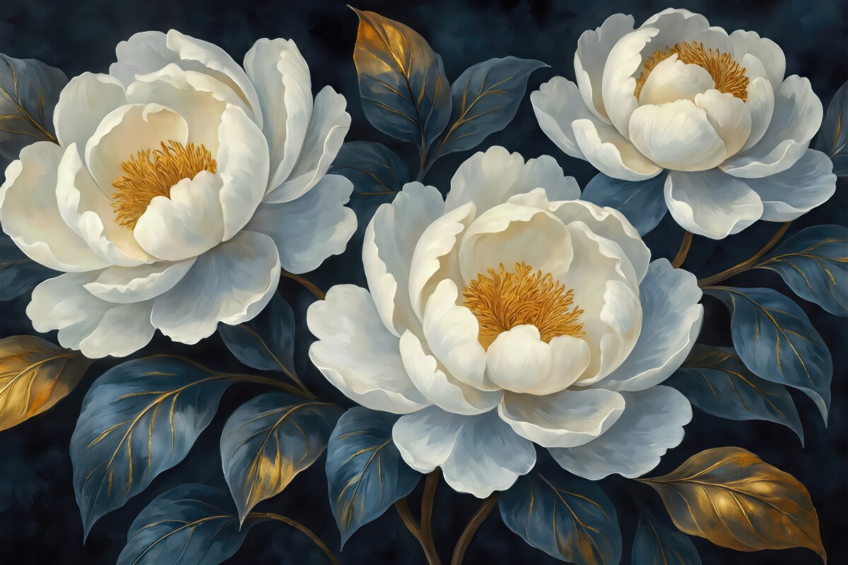 Fototapeta białe piwonie ze złotymi liśćmi