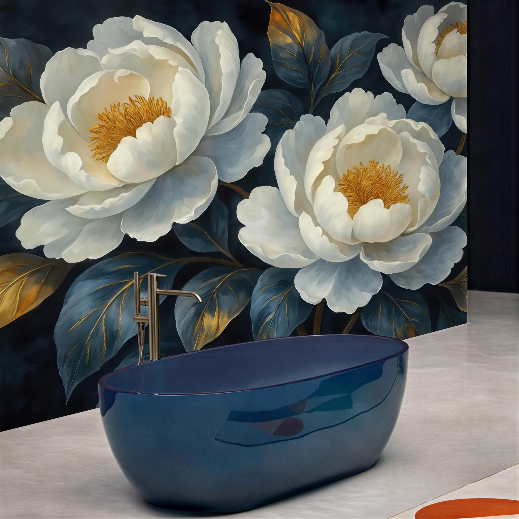 Fototapeta białe piwonie ze złotymi liśćmi