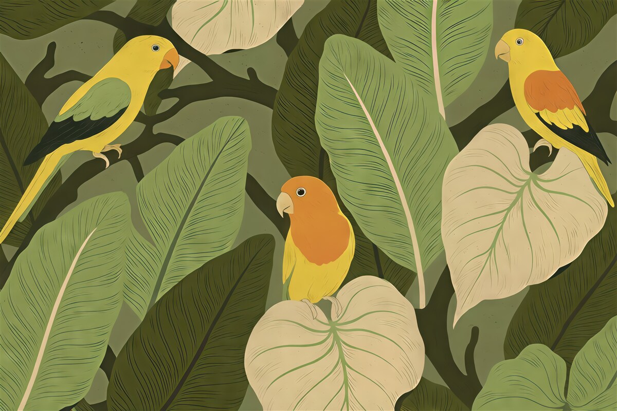 Fototapeta tropikalne papugi w zielonych liściach