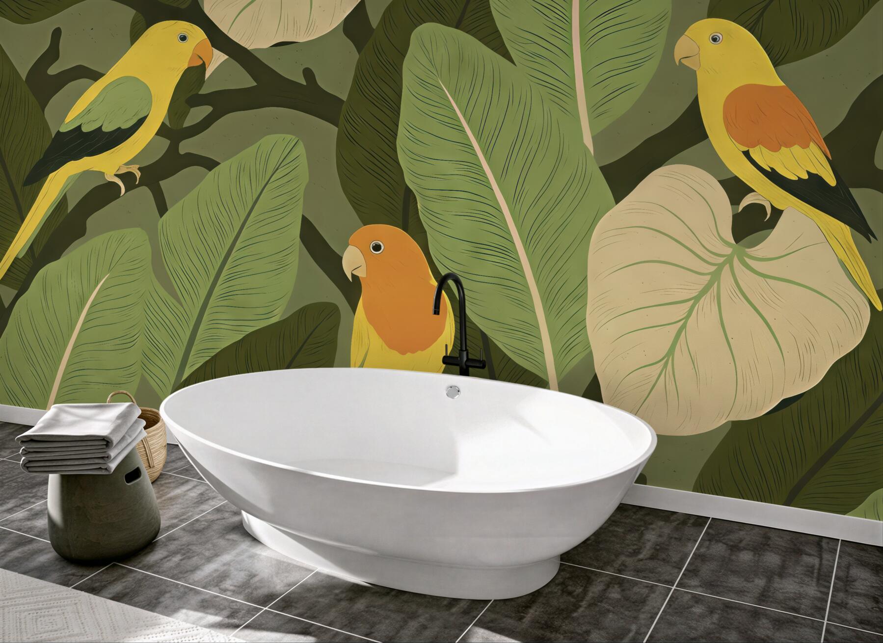 Fototapeta tropikalne papugi w zielonych liściach