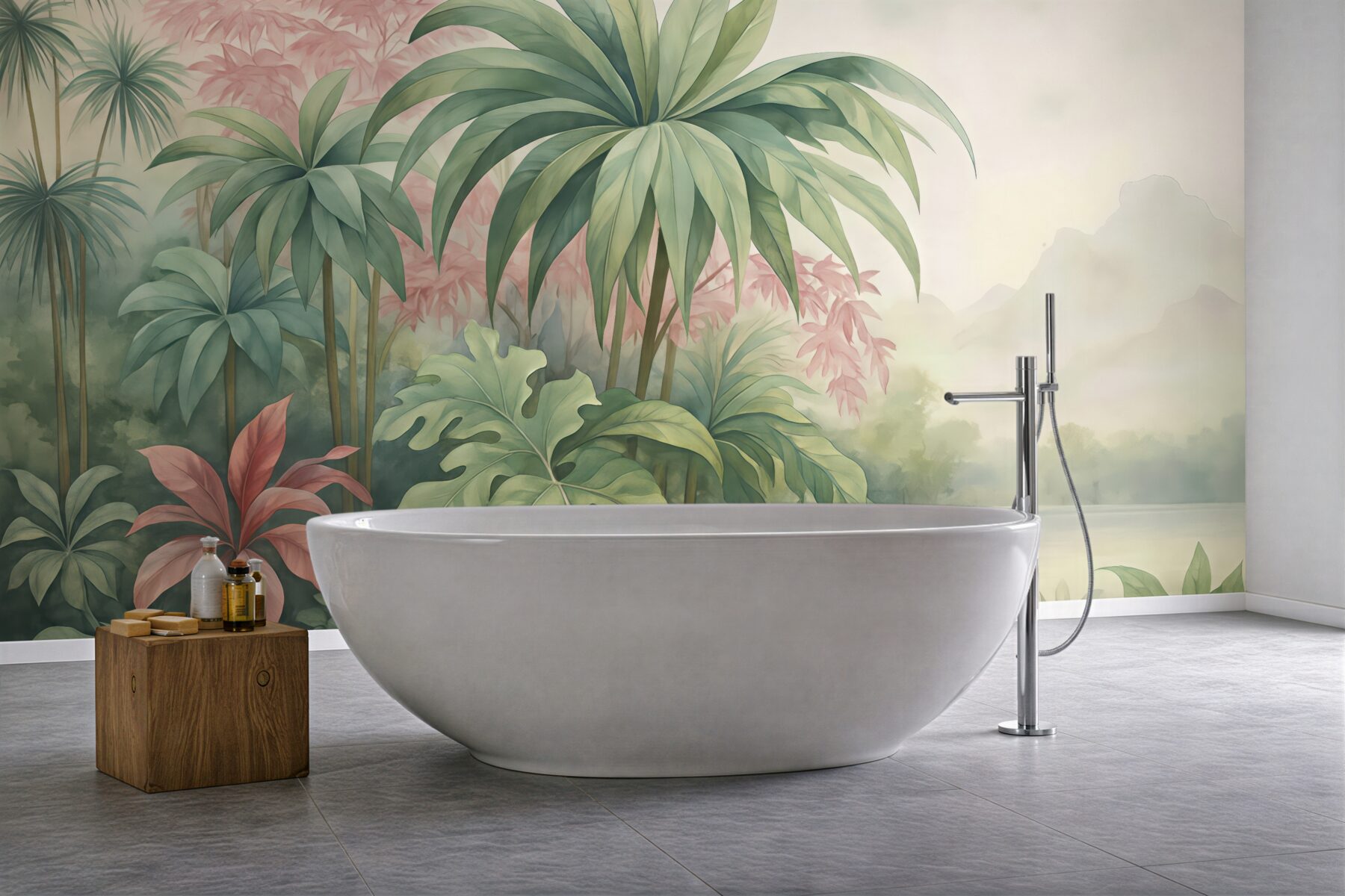 Fototapeta pastelowa tropikalna dżungla nad jeziorem