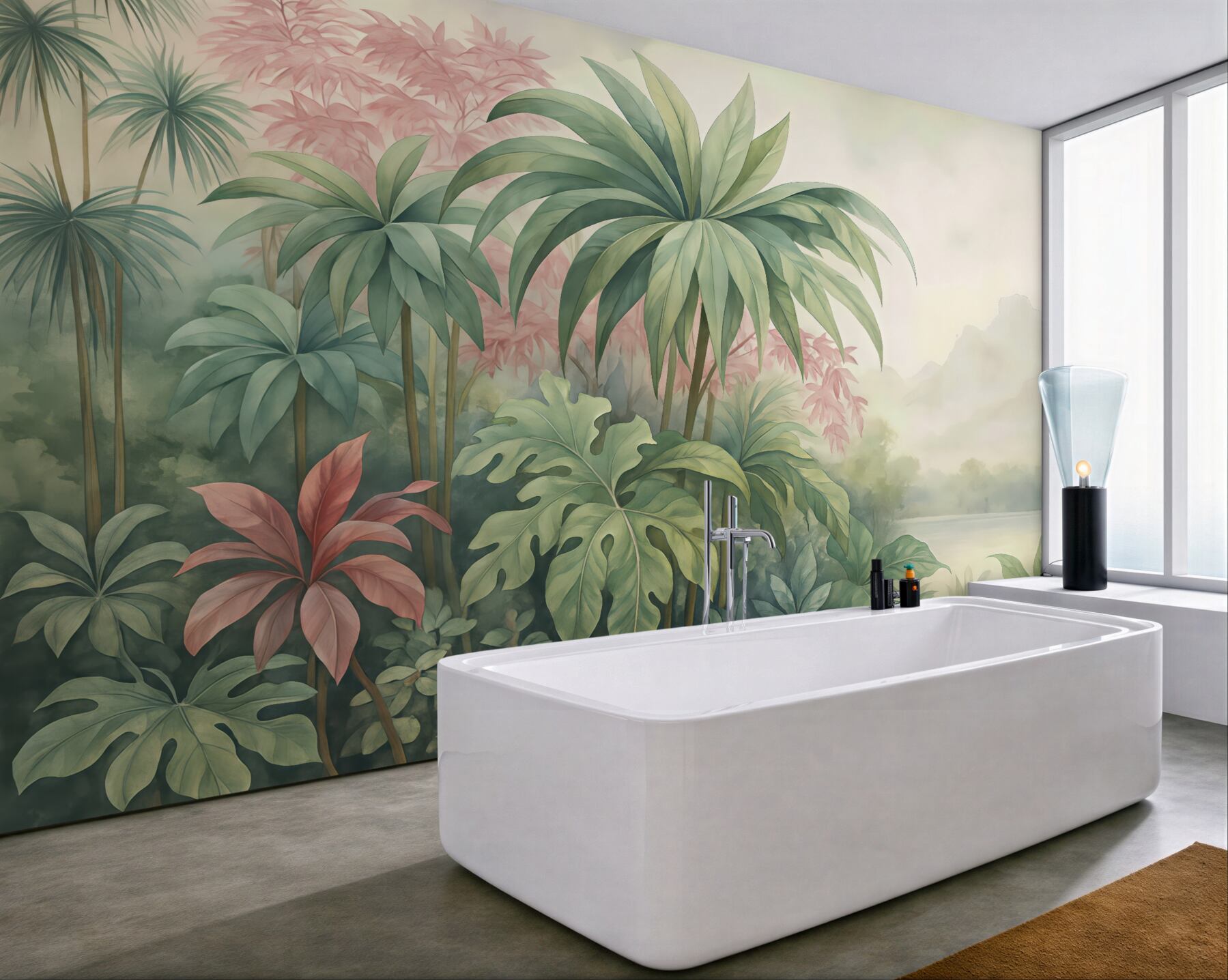 Fototapeta pastelowa tropikalna dżungla nad jeziorem