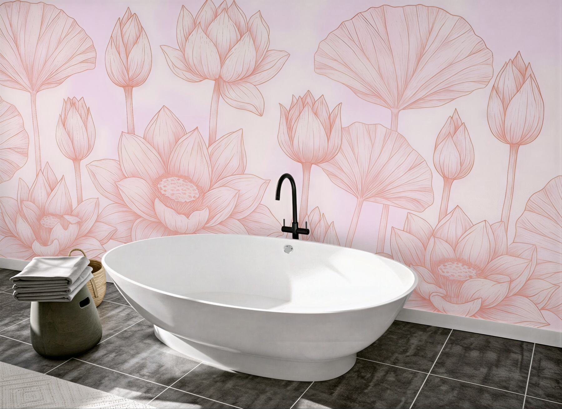 Fototapeta pudrowe lotosy w subtelnym rysunku