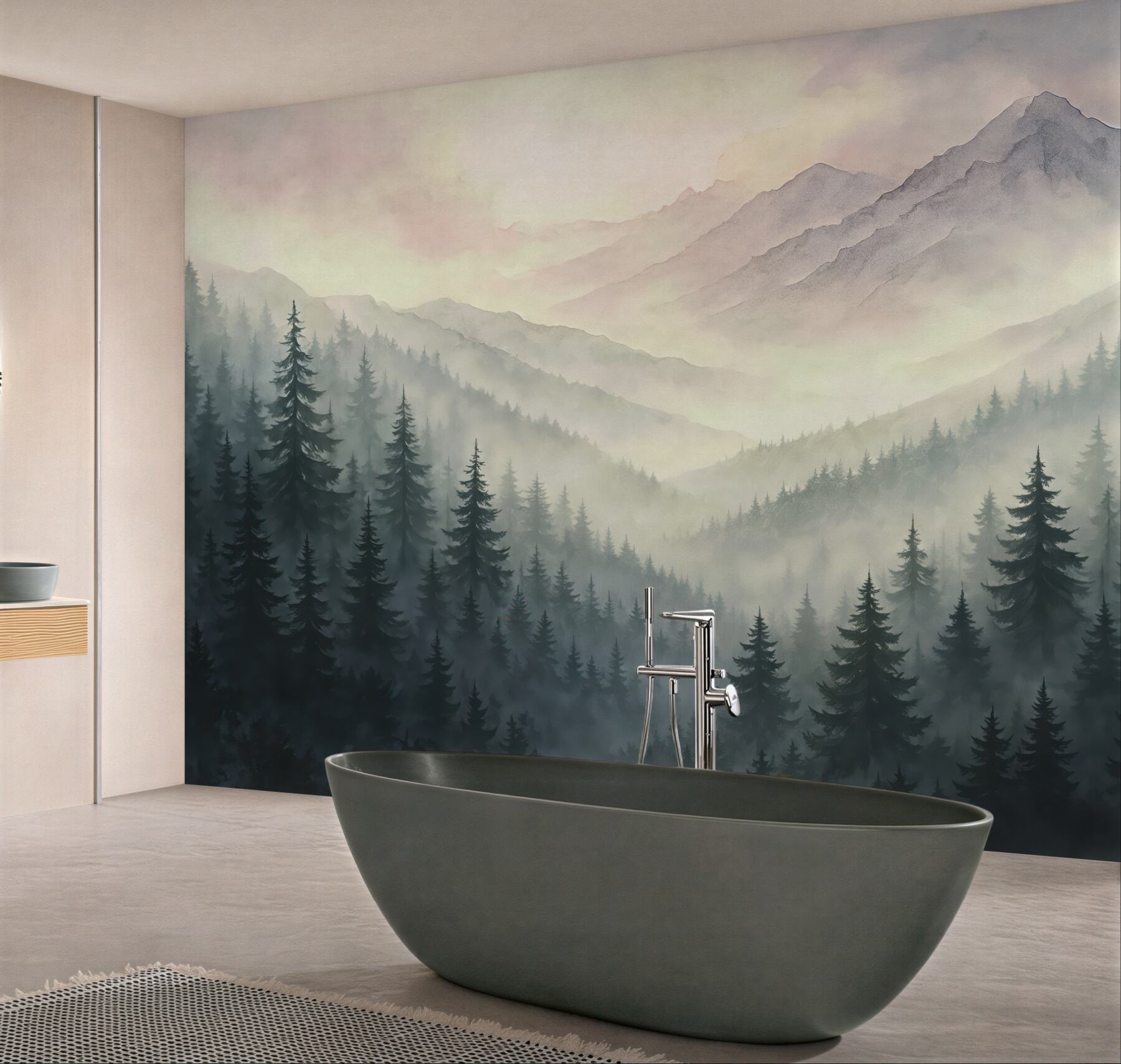 Fototapeta mglisty las i górski świt