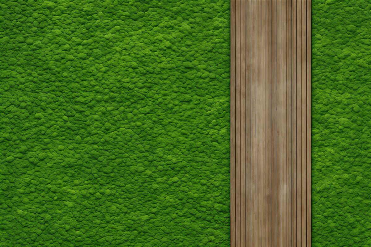 Fototapeta zielony mech z drewnianym panelem
