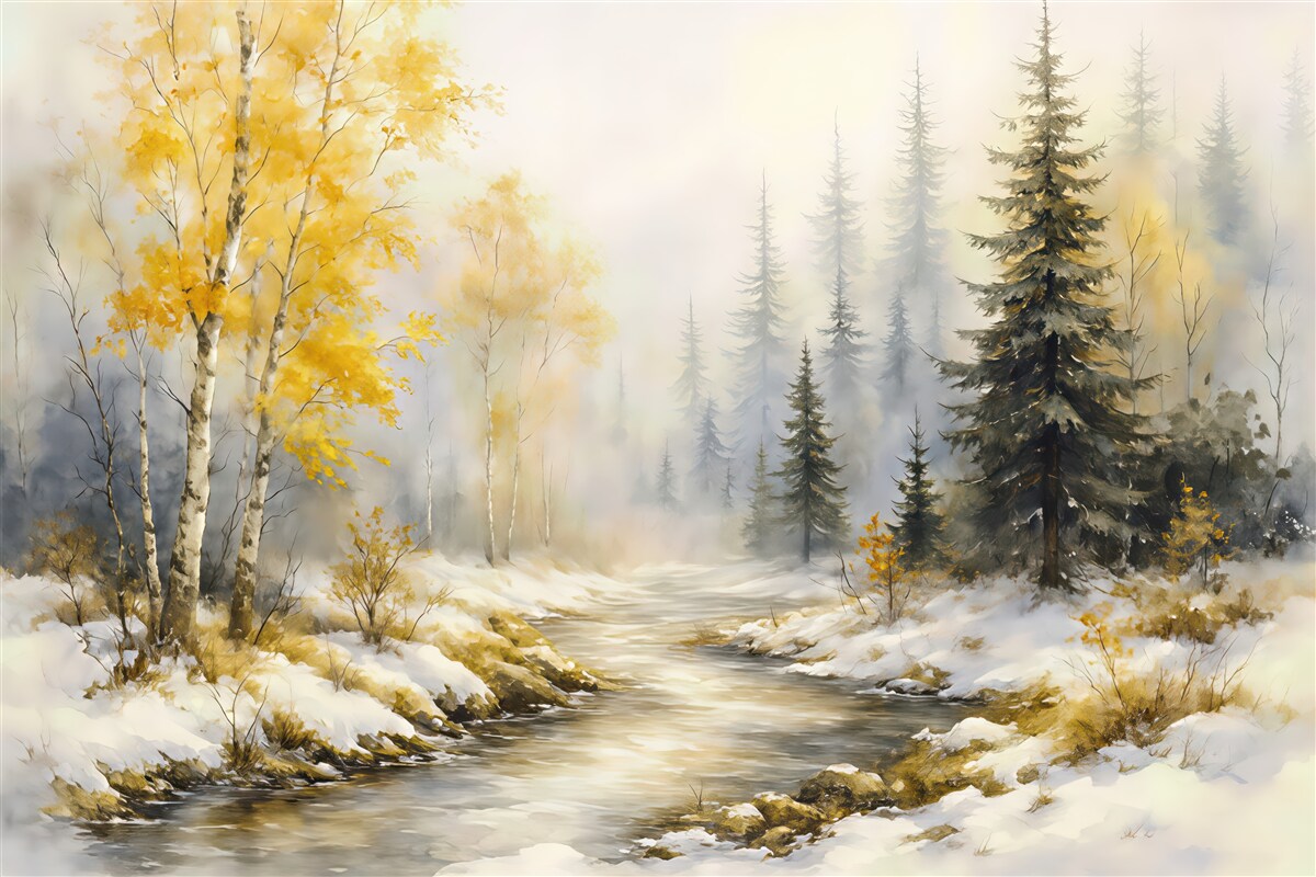 Fototapeta zimowy strumień w złotym lesie