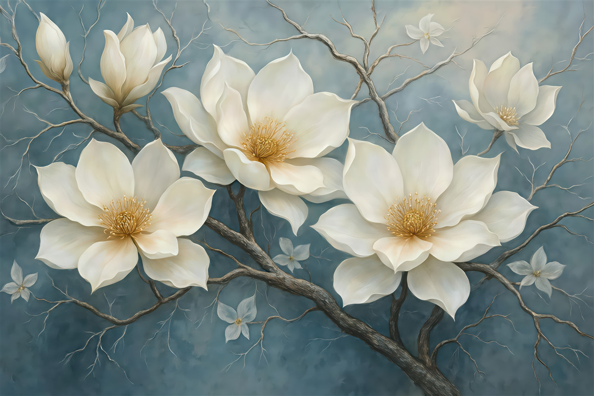 Fototapeta kremowe magnolie na błękitnych gałęziach